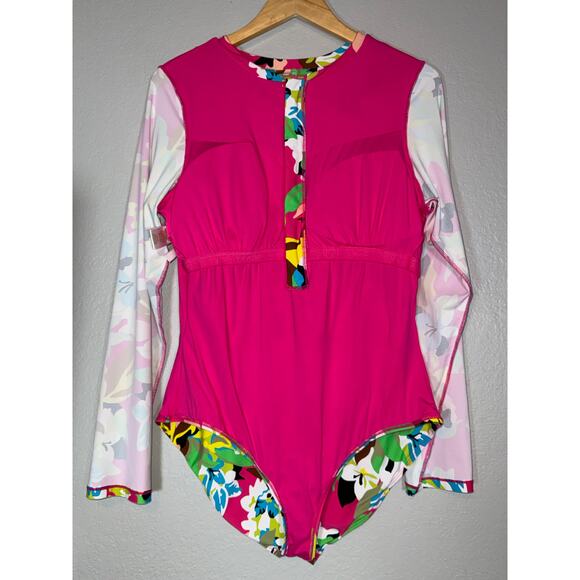 Anne Cole Floral Print Half Zip Rash Guard Swim Shirt Long Sleeve Swimsuit Sz 16 - Picture 7 of 10